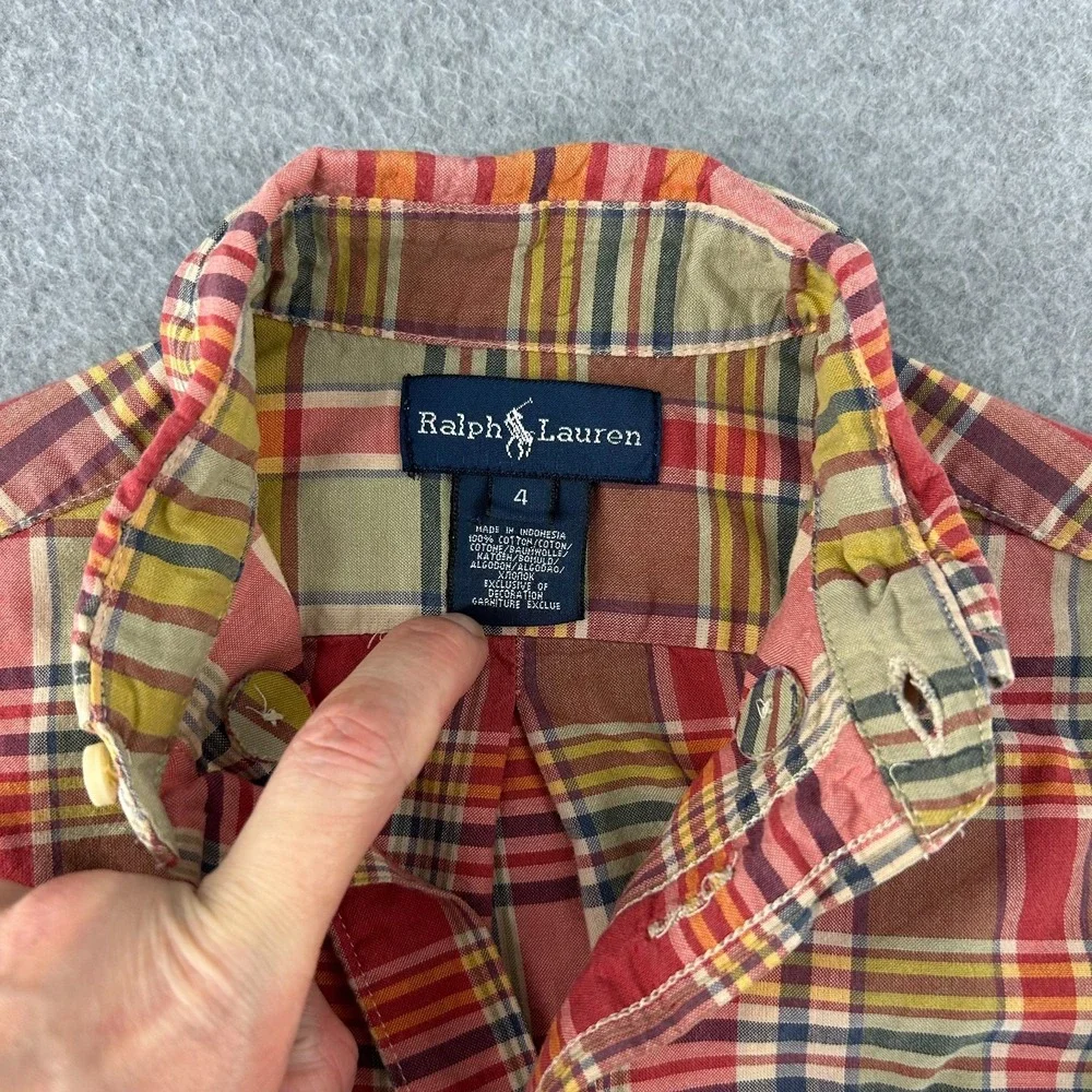 Ralph Lauren Long Sleeve Plaid Button Front Shirt Collared Red Green Boys Size 4